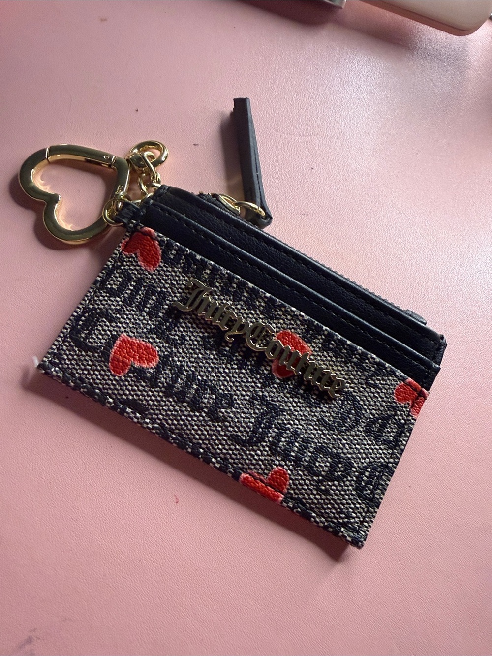Juicy Couture Black Logo Jacquard Card Holder with Red Heart Accents